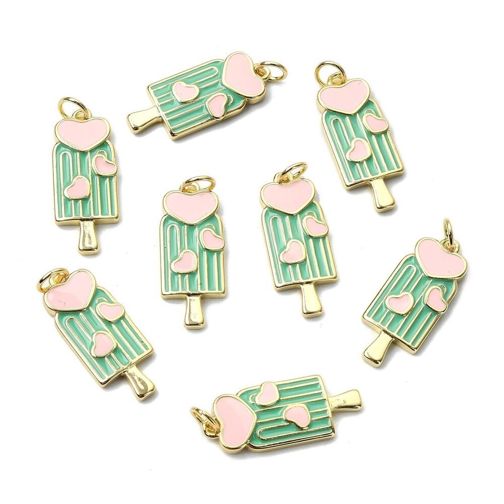 7081 10 pcs Green Summer-themed Popsicle Enamel Brass Charms Ice Cream Food